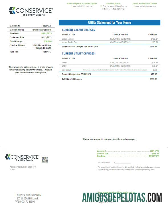 Em branco EUA FLORID A CONSERVICE Modelo de projeto de lei de serviços públicos e PDF